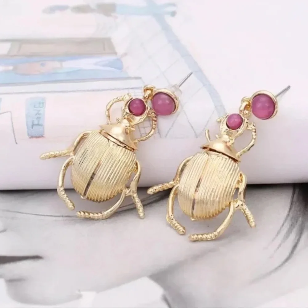 2/$30🌵 Egyptian Scarab Beetle Earrings Insect Gold Pink Art Nouveau Bug NEW